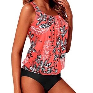 Tankini Swimsuits Push Up Bra Cups Blouson Bathing Suits For Women-Red Size L